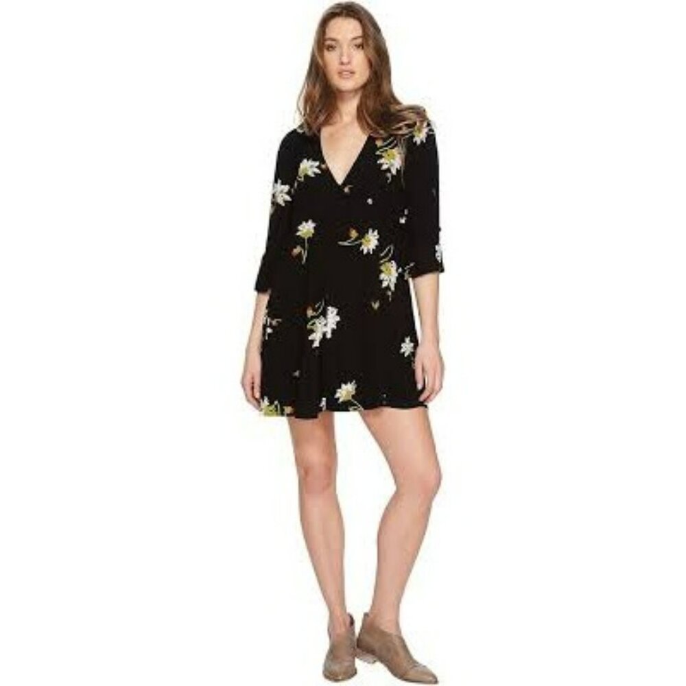 Free People Black Floral V-Neck Dress Bell Sleeves Boho Cottage Core Feminine